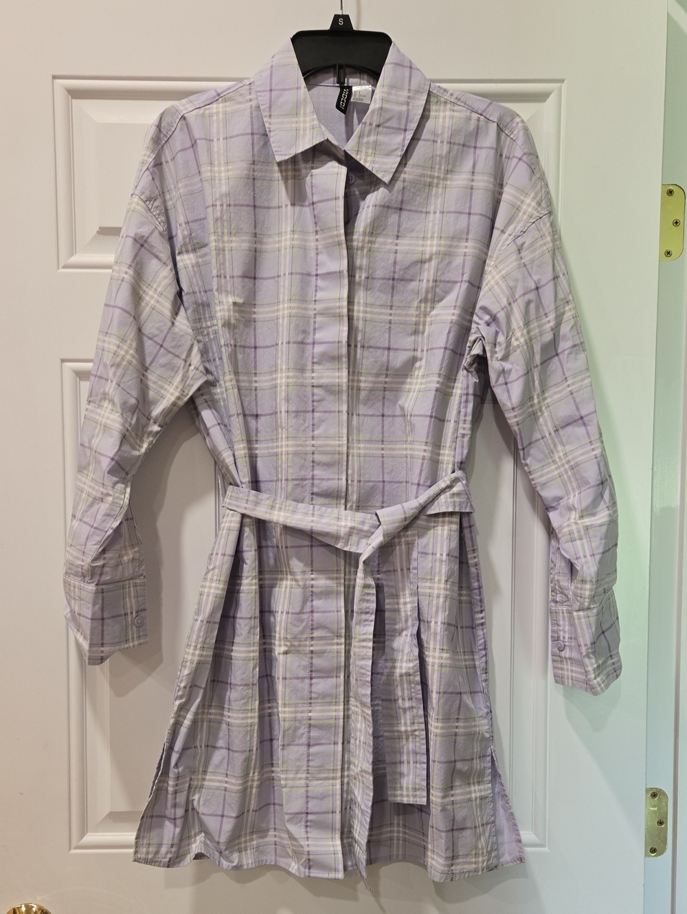 H&M Women's Lilac Plaid Button-Up Dress with Tie
